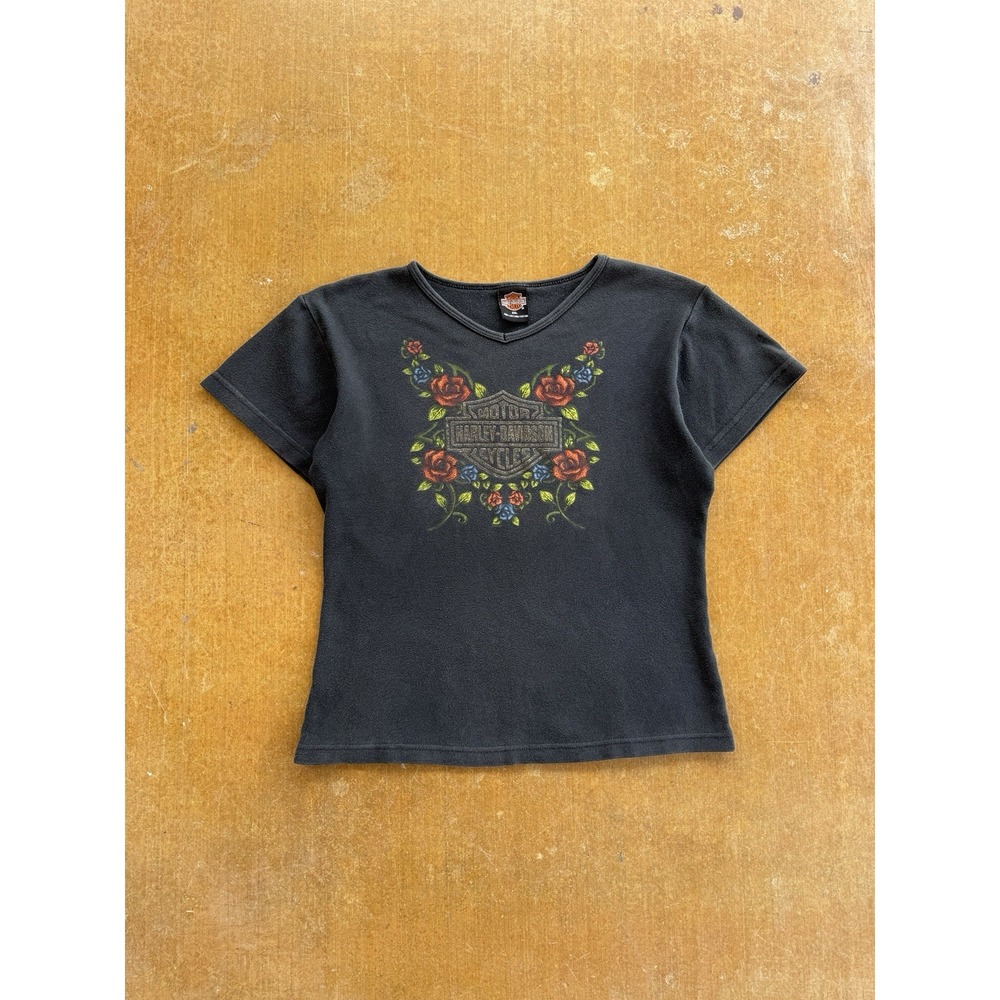 VTG 2002 Harley Davidson Flowers Illinois Biker V-Neck Baby T-Shirt Y2K WMS (XL)